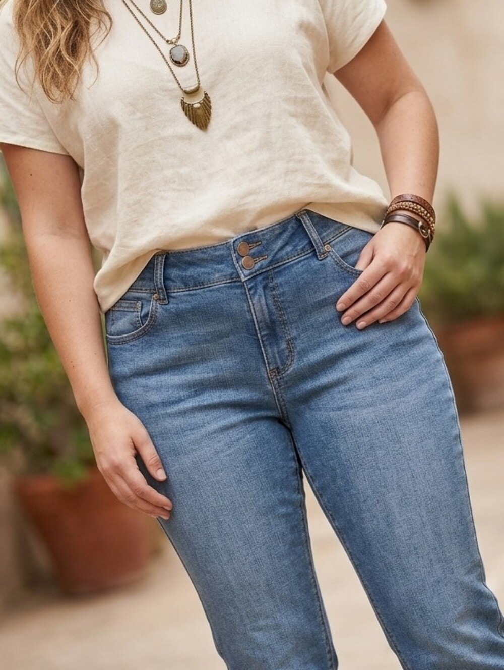 Double Button High Rise Straight Leg Jeans Boho Chic Coastal Cowgirl